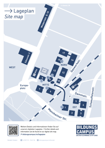 Linked PDF map of the educational campus with nearby public transport stops opens in new window or external application