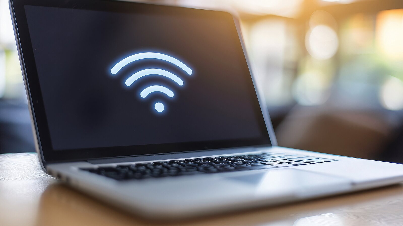 Foto von einem Laptop mit WLAN Symbol